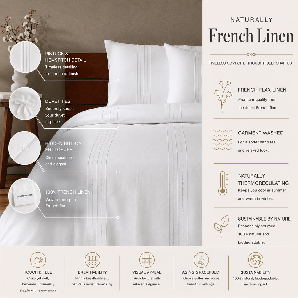 100% French Linen Heirloom White Pintuck Duvet Collection